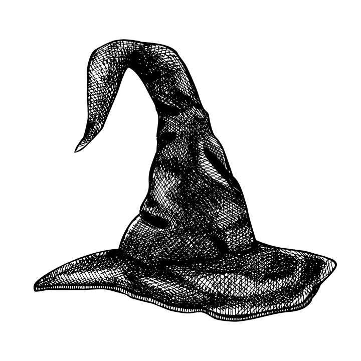 Witch hat sketch. Halloween vector illustration isolated on white background. Hand drawn design element for magical power, alchemy, witchcraft, magic. Mystical decor, print, tattoo